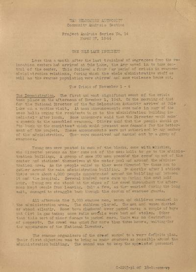 Cover Page of Project Series Analysis Report No. 14, "The Tule Lake Incident," March 27, 1944.