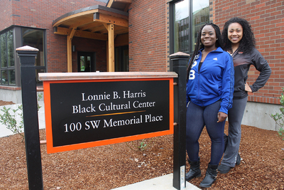 BCC peer facilitators Osenat Quadri, left, and Justeen Quartey at the new Lonnie B. Harris Black Cultural Center