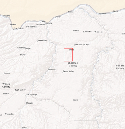 Map of Sherman County with USGS 7.5 minute Quad for Moro highlighted