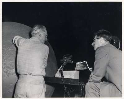 Black and white photographs of the Griffith Observatory moon model.