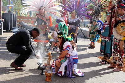 Burning copal at the dedication ceremony for the Centro Cultural Cesar Chavez