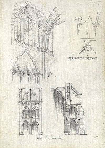 Pencil drawings of Gothic buildings and architectural features.