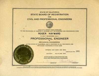 Professional Engineer in Mechanical Engineering certificate.