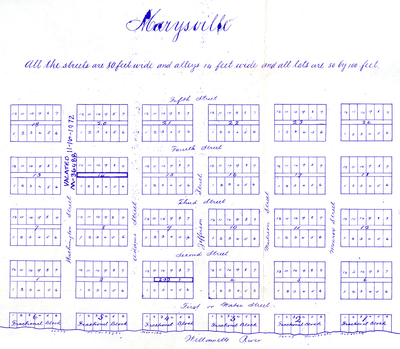 Reproduction of the original 1849 plat map for the town of Marysville, Oregon.