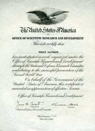 Military service certificate of appreciation from the Office of Scientific Research and Development.