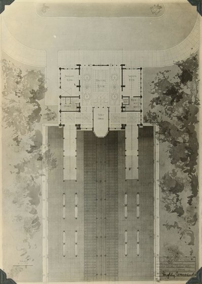 Black and white photographs of an architectural schematic titled &quot;Suburban Railroad Station.&quot;