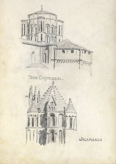 Pencil drawing titled &quot;Toro Cathedral&quot; and &quot;Salamanca.&quot;