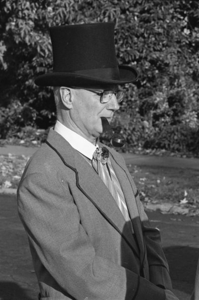 Black and white photograph of James Herbert Jensen leading the centennial celebration.