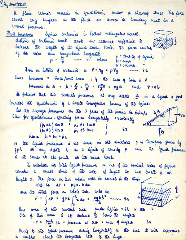 Notes on hydrostatics by Jack Dunitz, ca 1944.