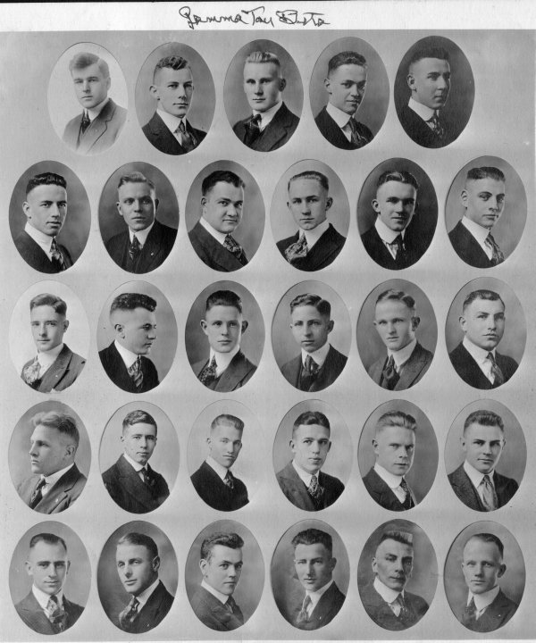 Gamma Tau Beta fraternity portraits, ca. late-1910s. Paul Emmett is located third from left on the bottom row.