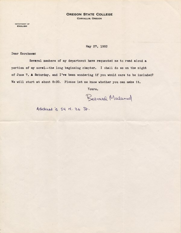Correspondence: to Sylvan Karchmer, May 27, 1952.