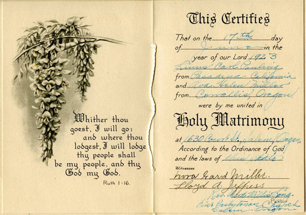Certificate of marriage for Linus Pauling and Ava Helen Miller. June 17 ...