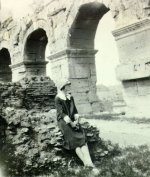 Ava Helen Pauling sitting amongst Roman ruins, 1926.