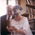 Linus and Ava Helen Pauling holding a model of the alpha-helix on the date of their fiftieth wedding anniversary, June 17, 1973.