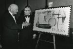 Linus Pauling near a newly unveiled Chemistry postage stamp, 1976.