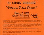 Flyer for "Vitamin C and Cancer," a speech by Linus Pauling, 1977.