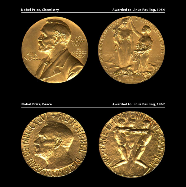 The Nobel Chemistry medal, 1954; and Nobel Peace medal, 1962.