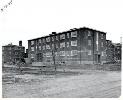 Image of the construction of Sackett Hall, ca. 1948.