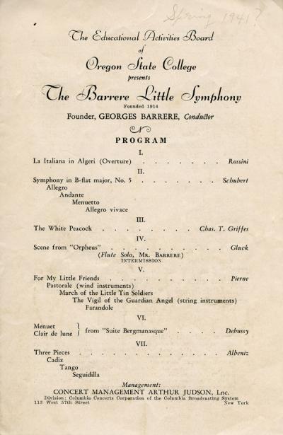 Program from a concert featuring "The Barrere Little Symphony," Spring 1941.