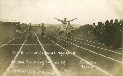 Photo of the finish of a Washington State College vs. Whitman College track and field event, May 1910.