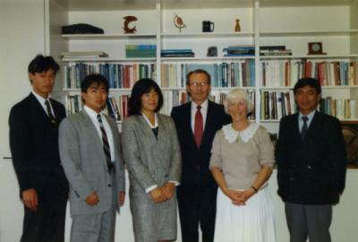 Asia University America Program participants with OSU President John Byrne, ca. 1990s.