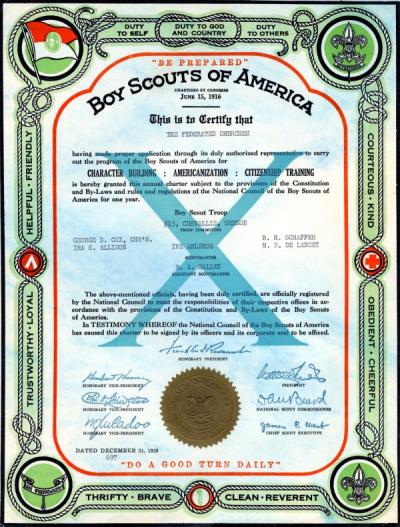 Boy Scouts of America Charter for Troop #13, Corvallis, Oregon, December 31, 1939.