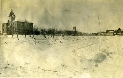 OAC orchard in snow with Benton Hall in the background, ca. 1895.