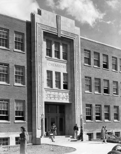 Entrance to the Chemistry Building (Gilbert Hall) soon after its construction, ca. 1940.
