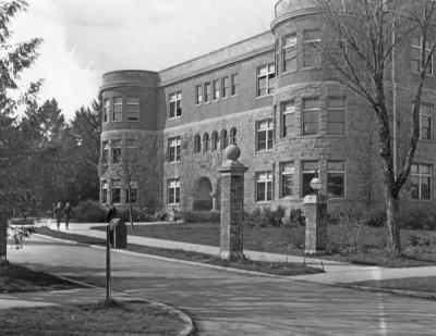 Apperson Hall, ca. 1920. Image was taken shortly after the addition of a third floor. The entrance pillars were a gift of the class of 1917.