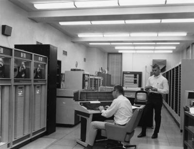 Staff and equipment in the Oregon State University Computer Center, 1967.