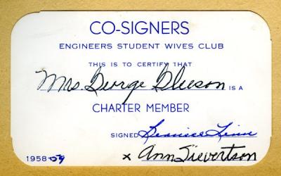 Co-Signers Club membership card, 1958.