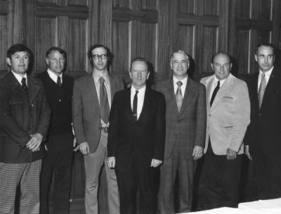 Triad Club new members for 1973-1974. From left: Don Poling, Jim Anderson, Eiseman, Freund, Lusette, Bone and Wilkins. May 1974.