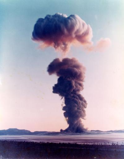 Color photograph of an [early morning?] bomb test at an American Southwest test site, ca. 1960s.