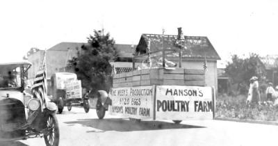 Hanson Poultry Farm float in the 4th of July parade, Corvallis, Oregon, 1920.