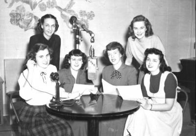 Home Economics Club students participating in KOAC's "Calling Mrs. Oregon" radio program, 1950.