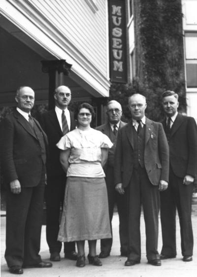 Horner Museum Committee members, 1936. Left to right: J. Leo Fairbanks; Dunn; Merlie Gilliam, Assistant Curator; Earnest Vaugh, History; Ira Allison, Geology; William Lawrence, Plant Ecology.
