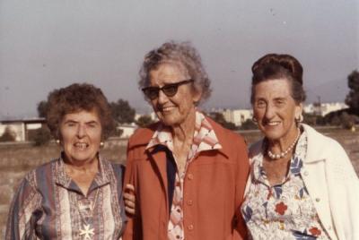 Edith (Whitelock) Lowe, Agnes Behrens and Gertrude (Ellis) Elmore, 1980.