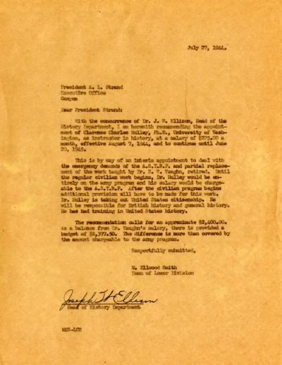 Letter from the Dean of the Lower Division, M. Elwood Smith, to President A. L. Strand concerning the appointment of a new professor of history, July 27, 1944.