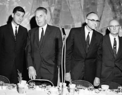 Head table at the Fernhopper banquet, February 1959. Left to Right: Governor Mark Hatfield, Secretary Ervin L. Peterson, Dean W. F. McCulloch, Dean E. B. Lemon.