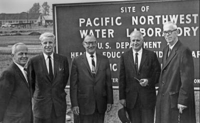 Pacific Northwest Water Laboratory Dedication, 1960s. From left: Dale Mallicoat, Fred Merryfield, Cy Everts, James H. Jensen, A. L. Strand.