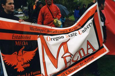 Demonstraton marchers with the OSU MEChA banner, March 2004.