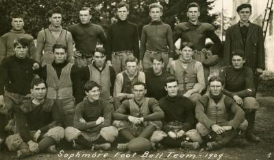 Postcard depicting the OAC sophomore football team, 1909. Postcard is annotated: "I tried out for a short time, but some bumps and bruises put me out of competition. W.E.M."