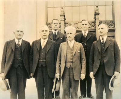 Members of the first State Board of Higher Education, October 1929. Front row, left to right: Albert Burch, E. C. Pease, B. F. Irvine, C. L. Starr. Back row: Aubrey Watzek and Herman Oliver.