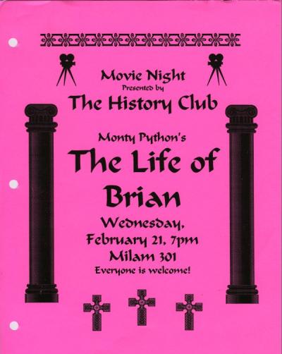 Flyer for a screening of Monty Python's "The Life of Brian," sponsored by the OSU History Club, ca. 1990s.