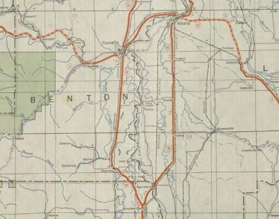 Segment of a transportation map depicting the Mid-Willamette Valley, 1940.