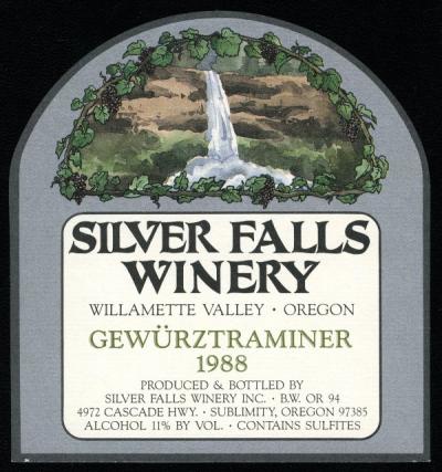 Bottle label from the Silver Falls Winery, ca. 1988.