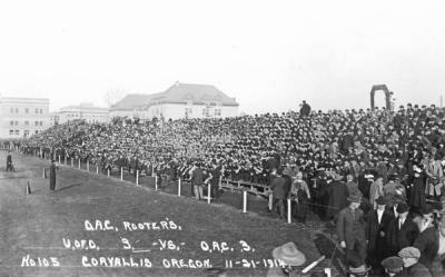 OAC rooters at the 1914 OAC-UO football game. The game ended in a 3-3 tie.
