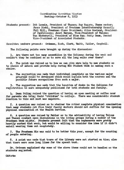 Minutes from a Personnel Coordinating Committee meeting, October 8, 1953.