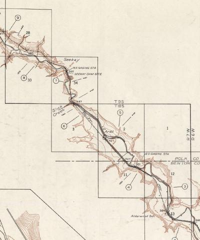 Detail from Plan and Profile Map of Luckiamute River, Hoskins to Mile 10, Oregon Dam Sites. 1938.