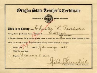 Teaching certificate issued to Chester Proebstel, January 8, 1920.